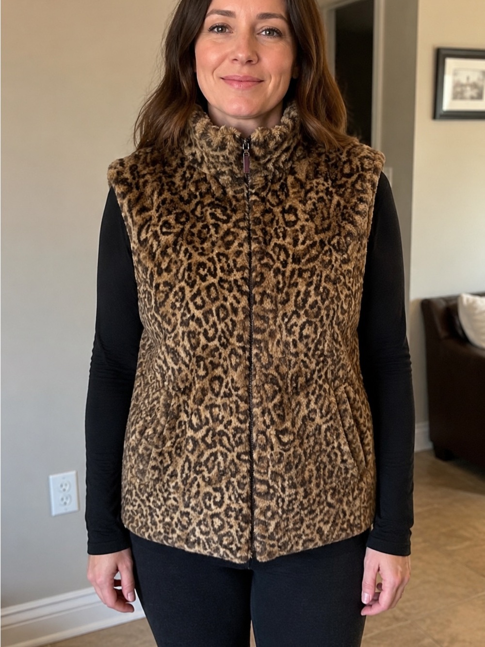 Giacca by Gallery Reversible Leopard Faux Fur Quilted Vest Size L